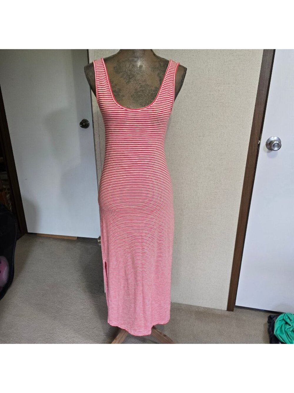J Crew XS Striped Maxi Tank Bodycon Dress Red/White Cotton Sleeveless Casual